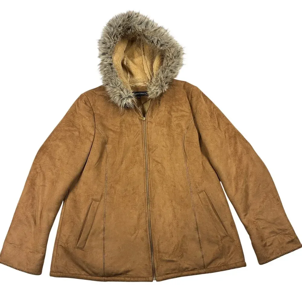 Ellen Tracy Jacket Coat Womens XL Brown Faux Suede Hooded Fur Trim Sherpa Lined